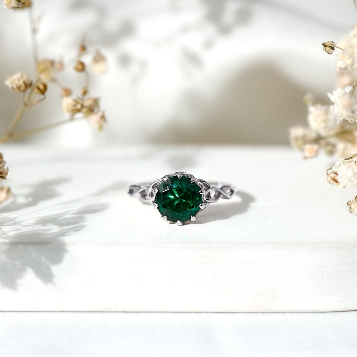 Lab Grown Emerald Ring – Lotus Basket Setting With Knot Design Band, 2.18 Ct