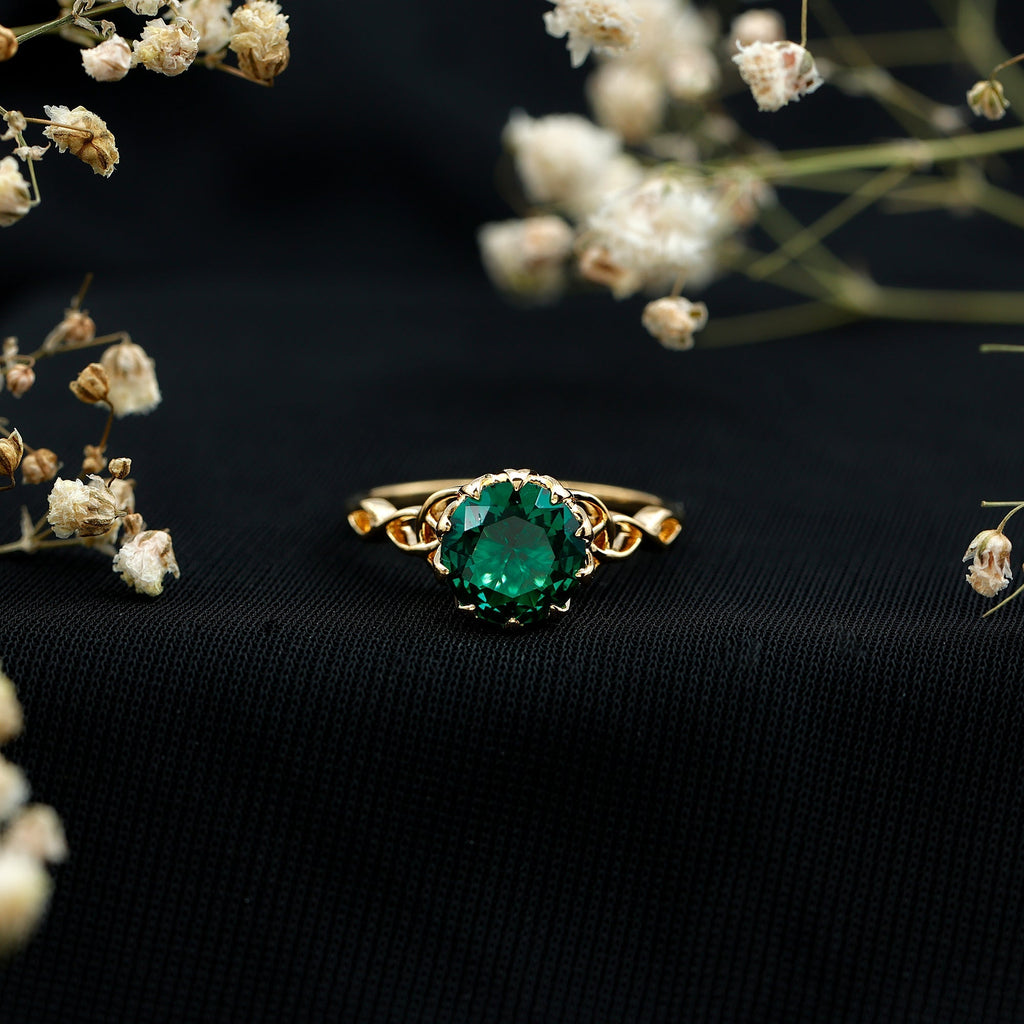 Lab Grown Emerald Ring – Lotus Basket Setting With Knot Design Band, 2.18 Ct