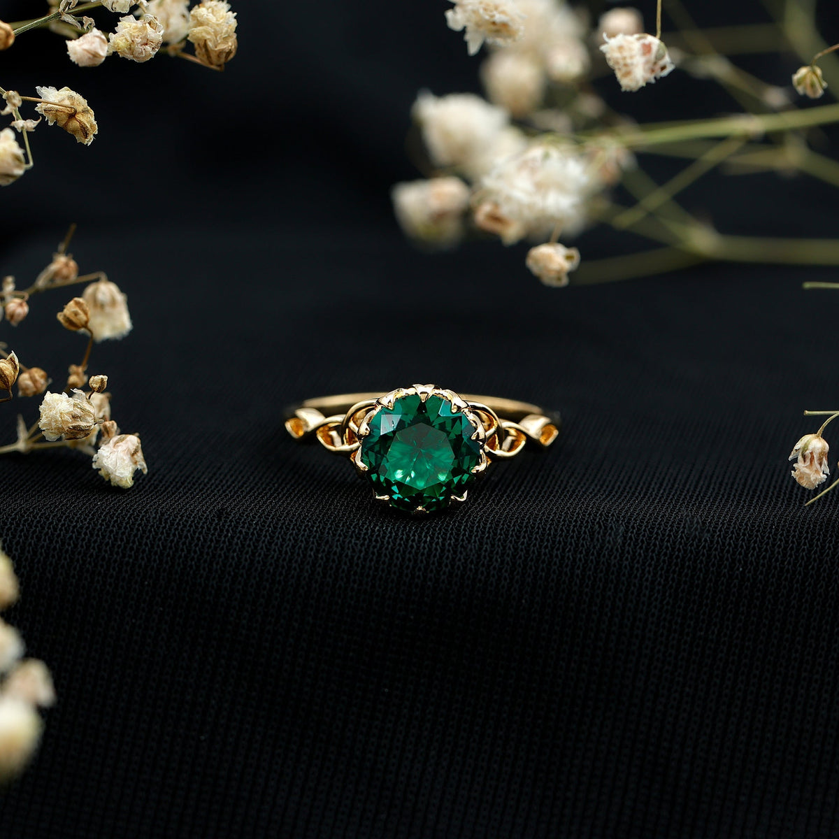 Lab Grown Emerald Ring – Lotus Basket Setting With Knot Design Band, 2.18 Ct