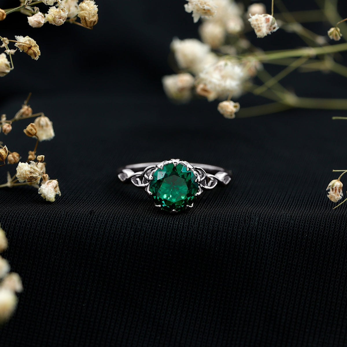 Lab Grown Emerald Ring – Lotus Basket Setting With Knot Design Band, 2.18 Ct