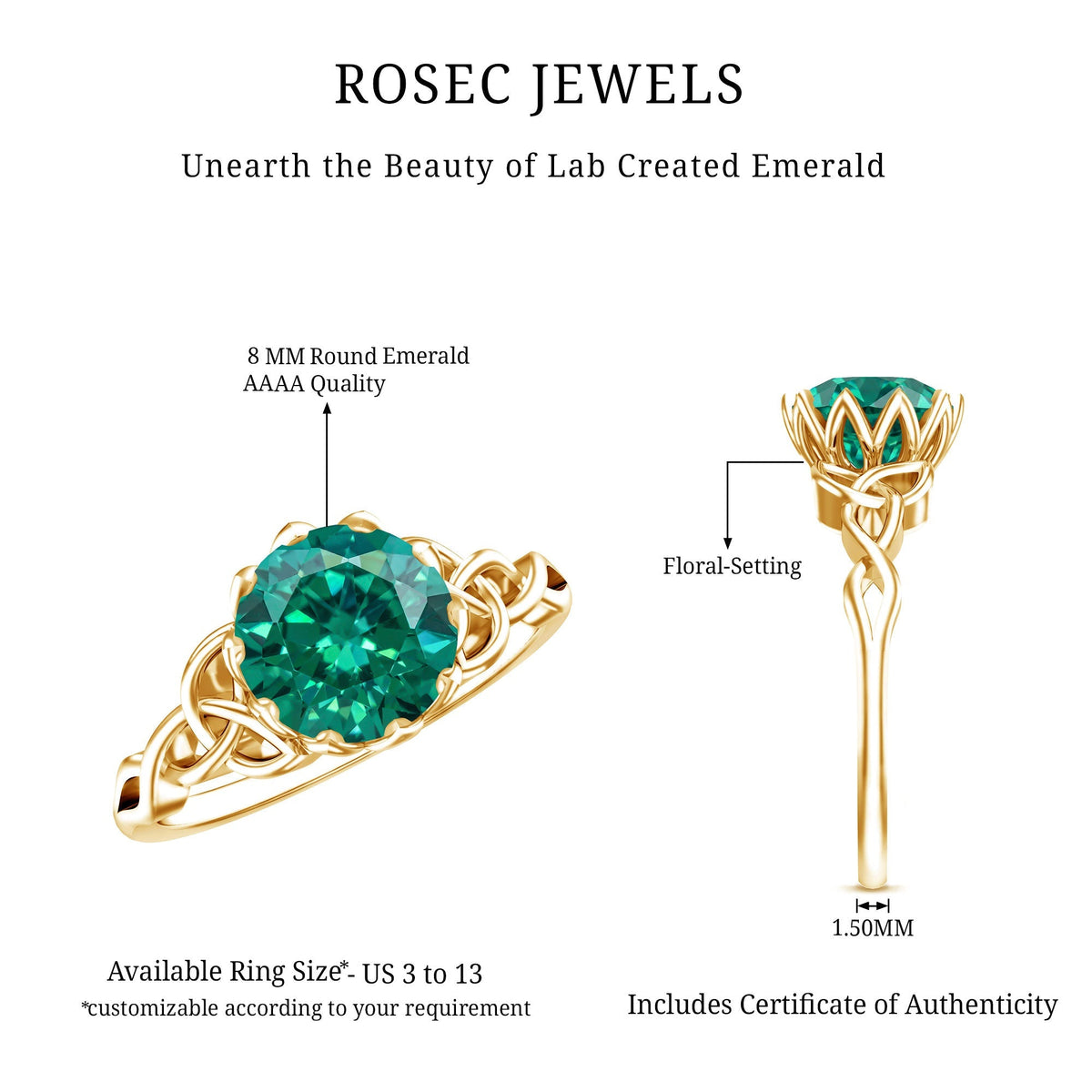 Lab Grown Emerald Ring – Lotus Basket Setting With Knot Design Band, 2.18 Ct