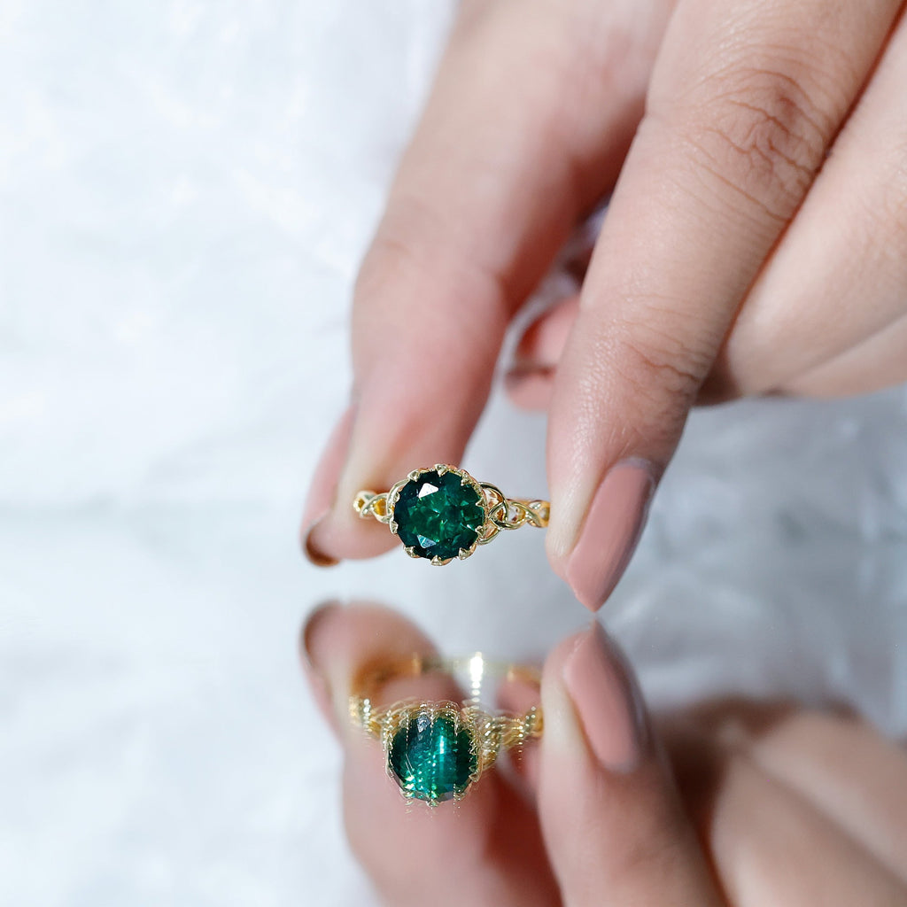 Lab Grown Emerald Ring – Lotus Basket Setting With Knot Design Band, 2.18 Ct