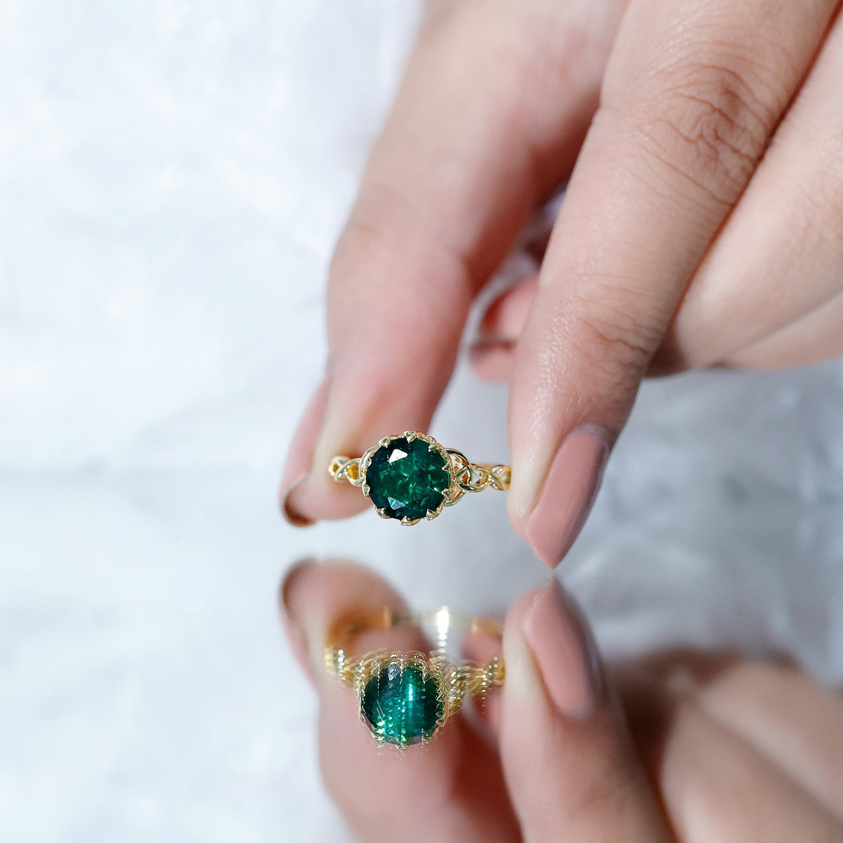 Lab Grown Emerald Ring – Lotus Basket Setting With Knot Design Band, 2.18 Ct