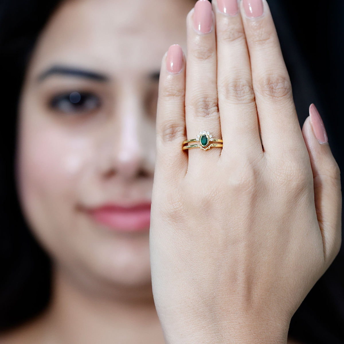 Lab Grown Emerald Ring – Oval Cut Emerald Wedding Set | Diamond Engagement Band Enhancer