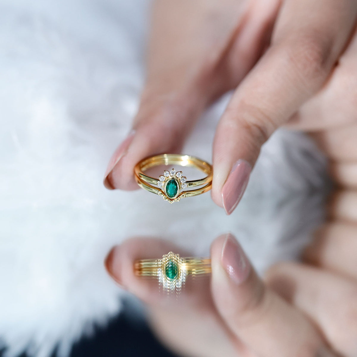 Lab Grown Emerald Ring – Oval Cut Emerald Wedding Set | Diamond Engagement Band Enhancer