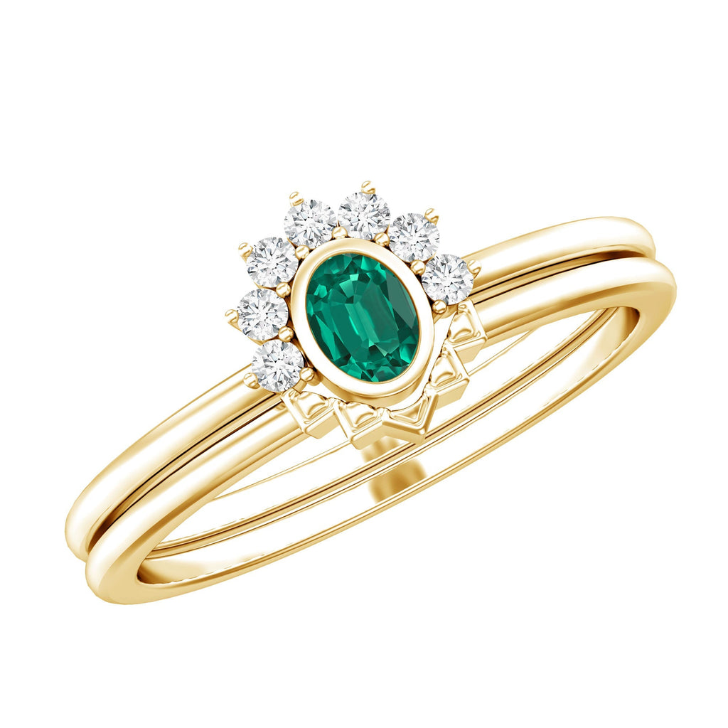 Lab Grown Emerald Ring – Oval Cut Emerald Wedding Set | Diamond Engagement Band Enhancer