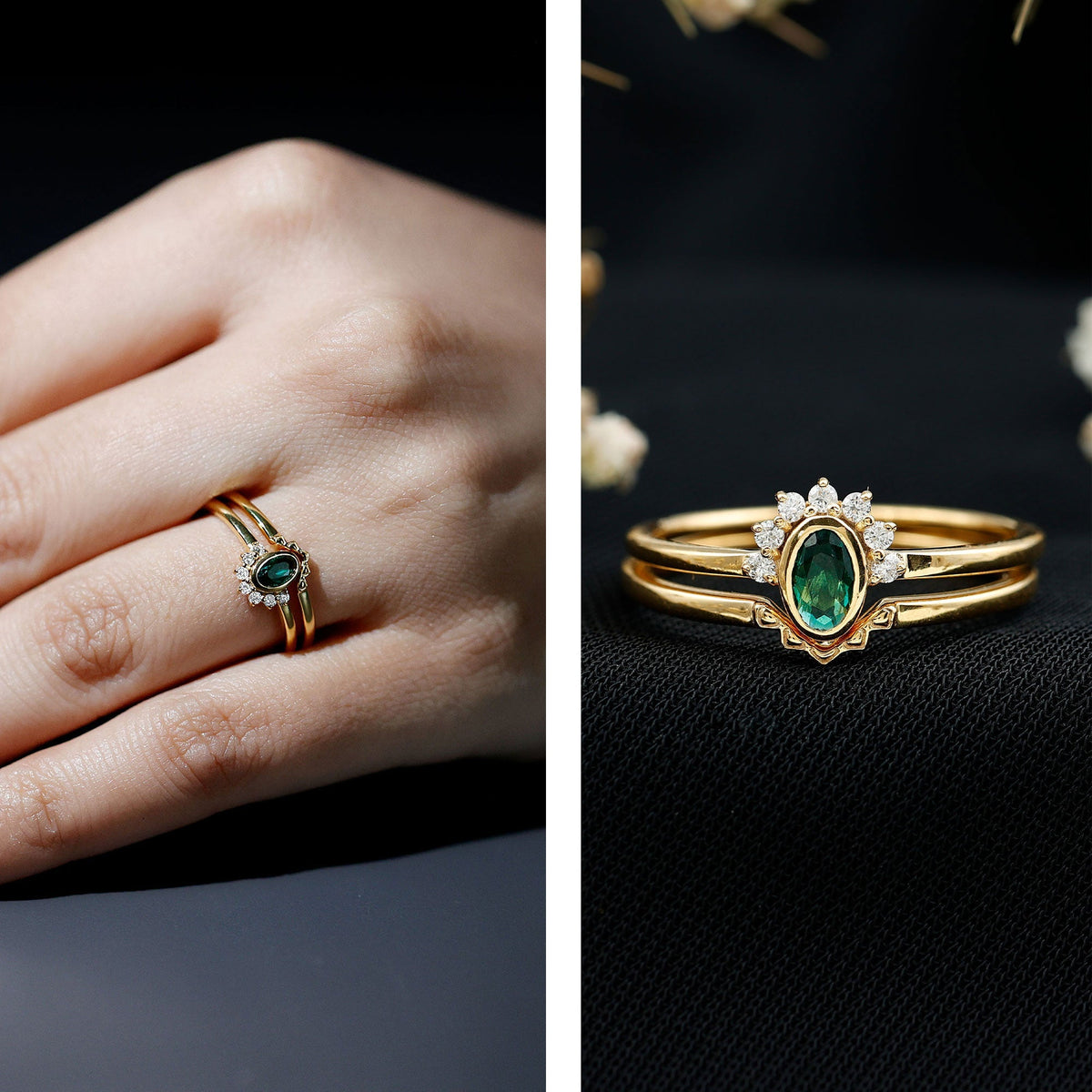 Lab Grown Emerald Ring – Oval Cut Emerald Wedding Set | Diamond Engagement Band Enhancer