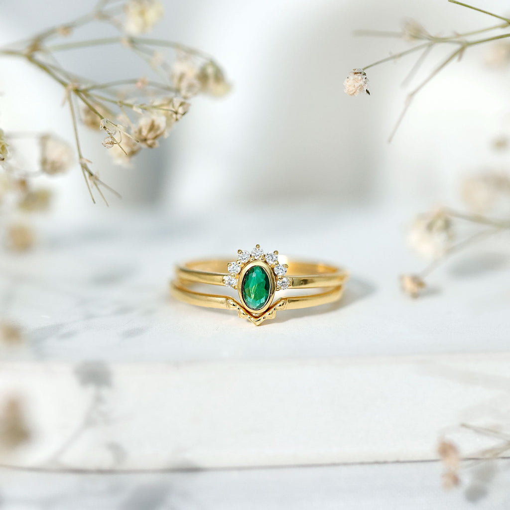 Lab Grown Emerald Ring – Oval Cut Emerald Wedding Set | Diamond Engagement Band Enhancer