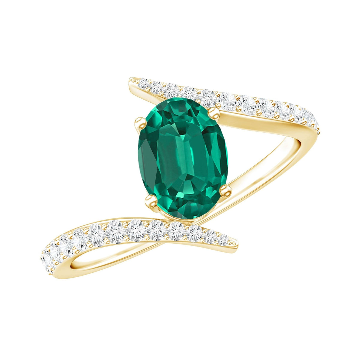 Lab Grown Emerald Ring Oval Cut Engagement | Diamond Bypass Shank - Rosec Jewels