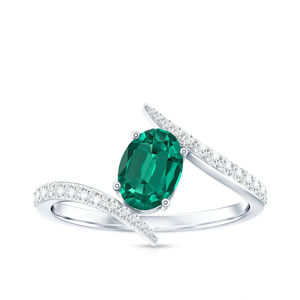 Lab Grown Emerald Ring Oval Cut Engagement | Diamond Bypass Shank - Rosec Jewels