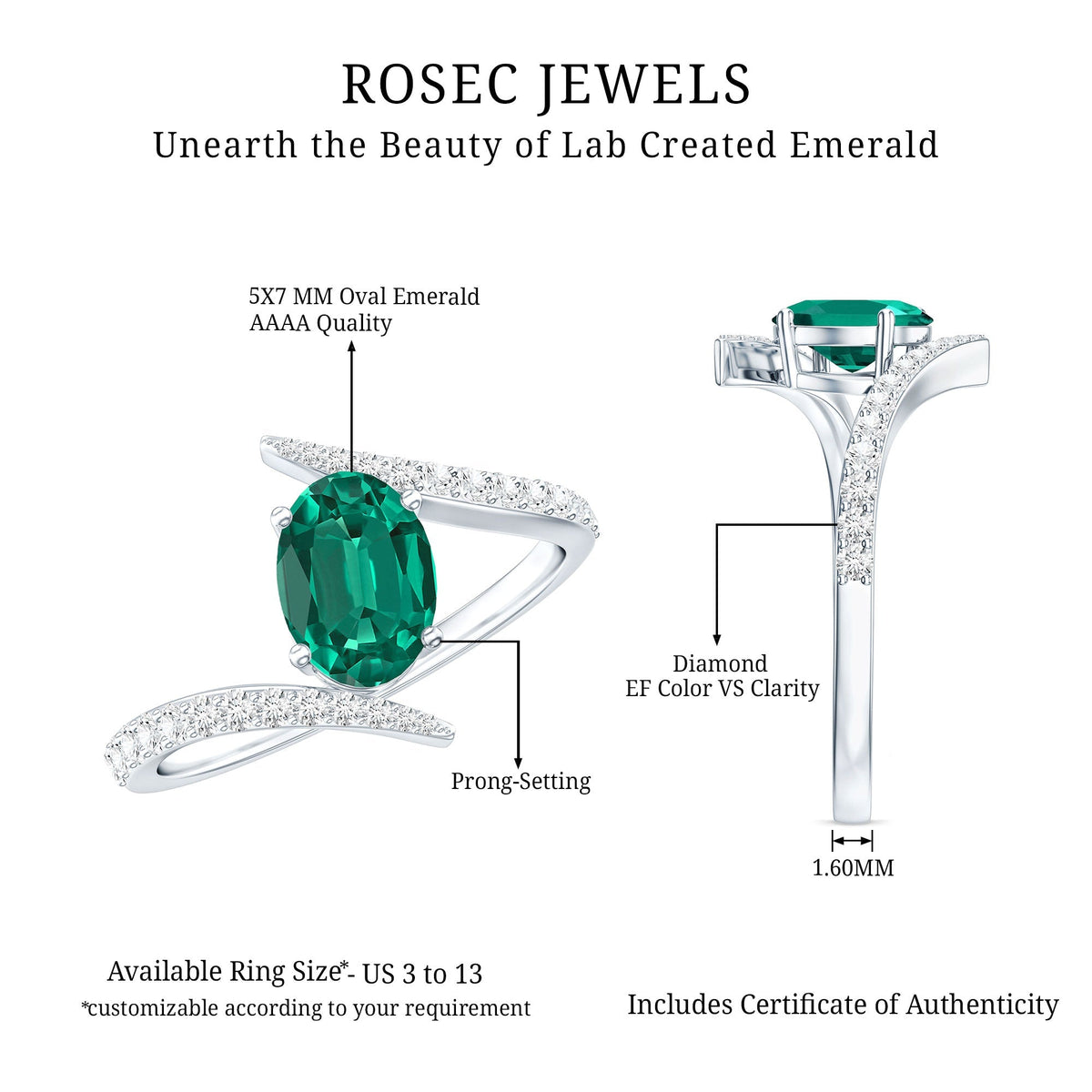 Lab Grown Emerald Ring Oval Cut Engagement | Diamond Bypass Shank - Rosec Jewels