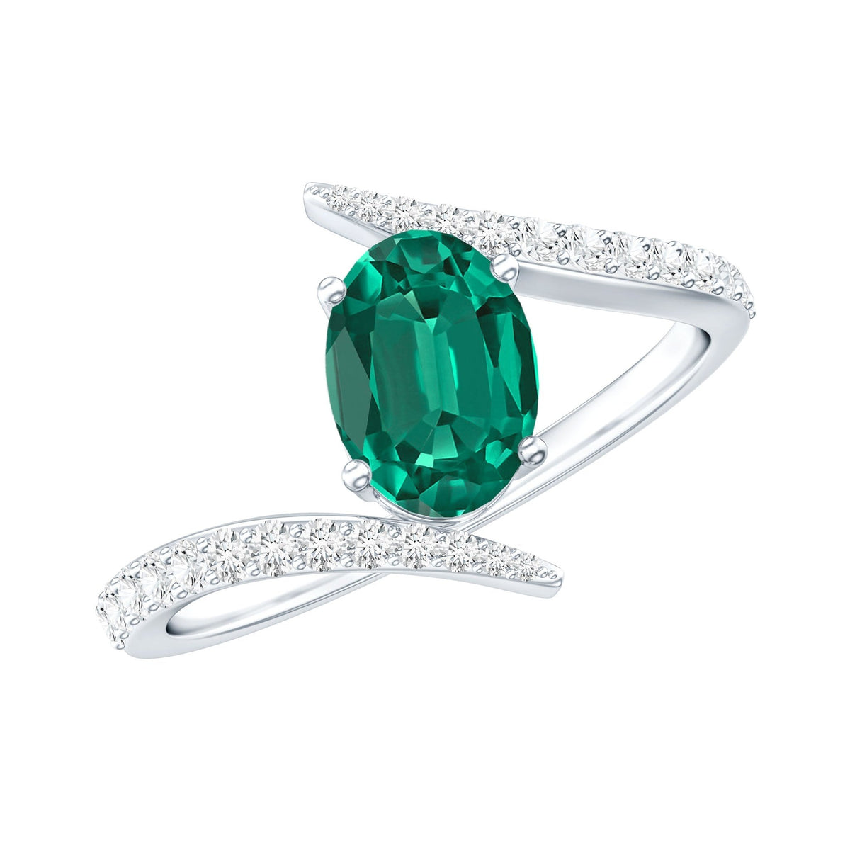 Lab Grown Emerald Ring Oval Cut Engagement | Diamond Bypass Shank - Rosec Jewels