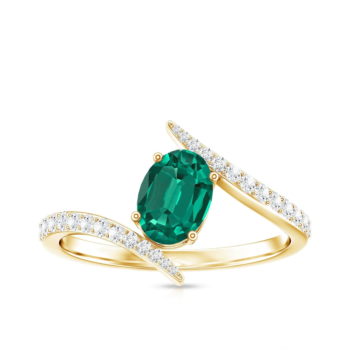 Lab Grown Emerald Ring Oval Cut Engagement | Diamond Bypass Shank - Rosec Jewels