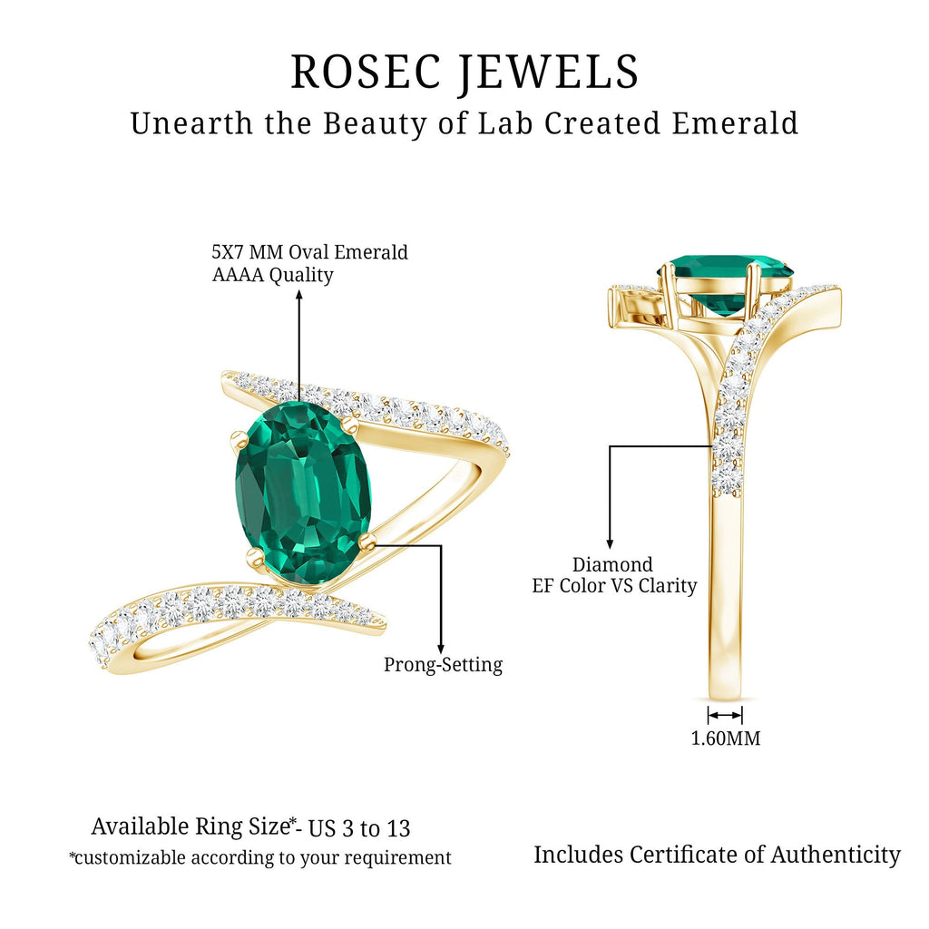 Lab Grown Emerald Ring Oval Cut Engagement | Diamond Bypass Shank - Rosec Jewels