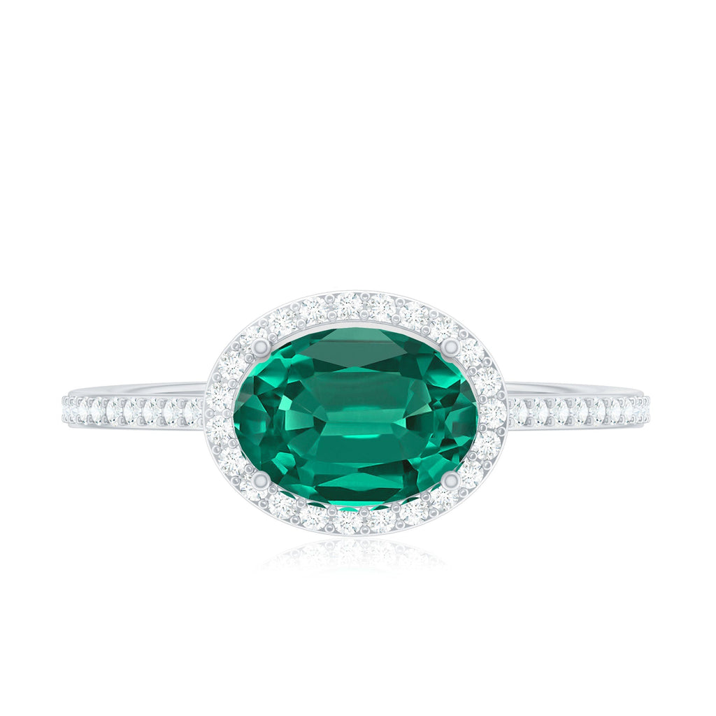 Lab Grown Emerald Ring – Oval East West Diamond Halo Engagement Band