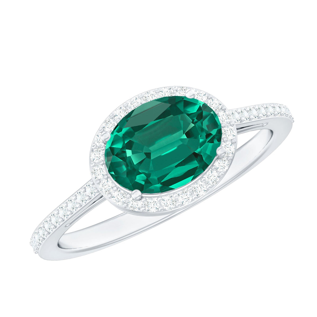 Lab Grown Emerald Ring – Oval East West Diamond Halo Engagement Band
