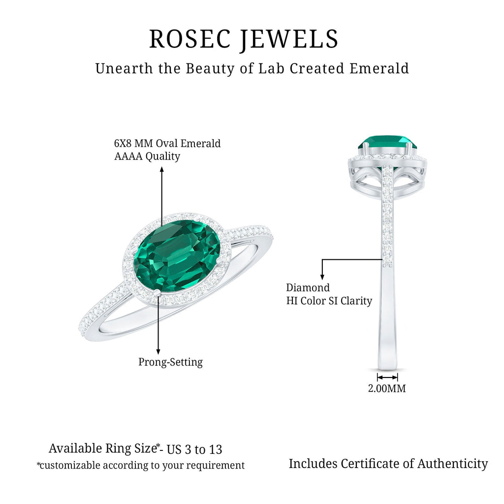 Lab Grown Emerald Ring – Oval East West Diamond Halo Engagement Band