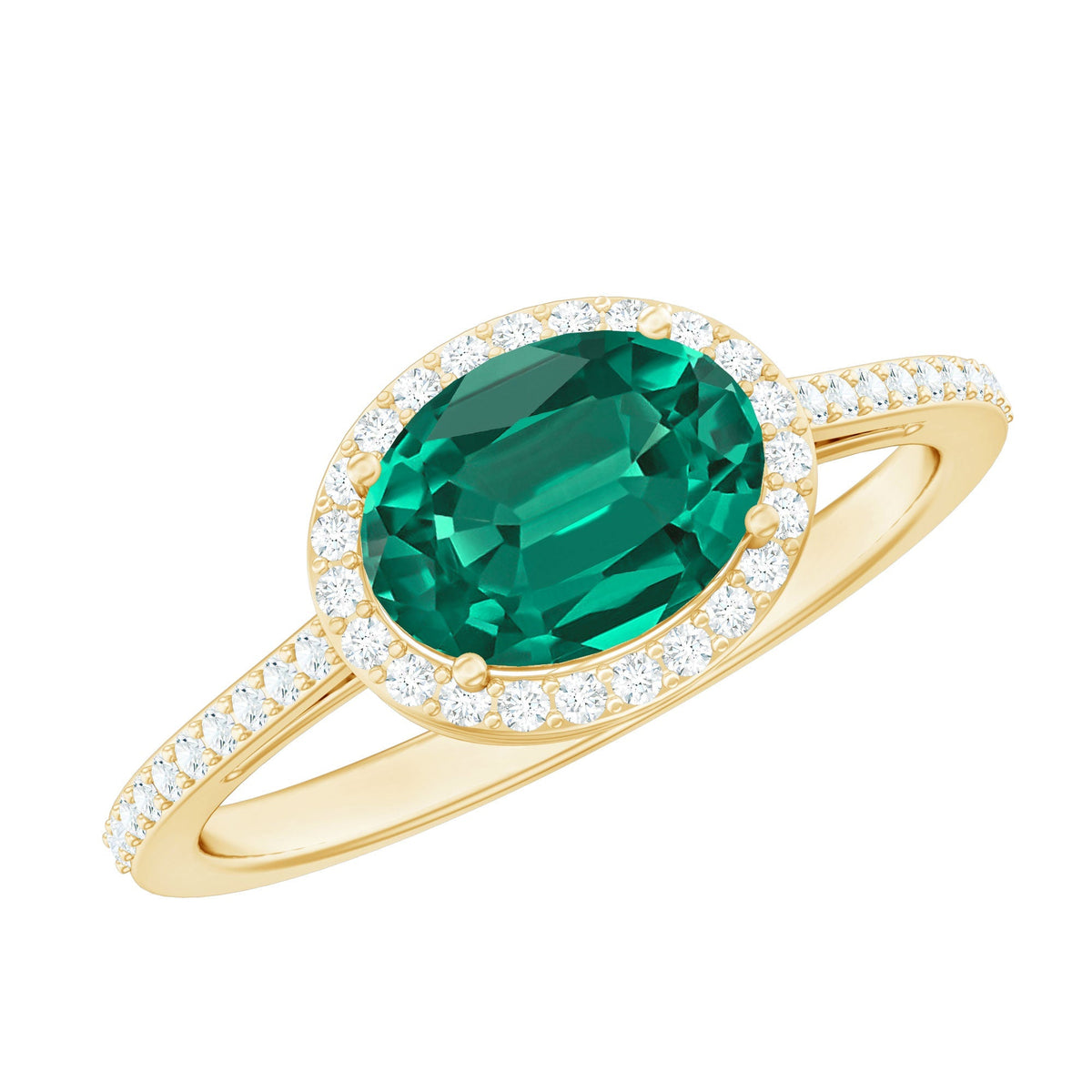 Lab Grown Emerald Ring – Oval East West Diamond Halo Engagement Band
