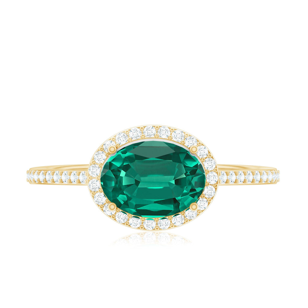 Lab Grown Emerald Ring – Oval East West Diamond Halo Engagement Band