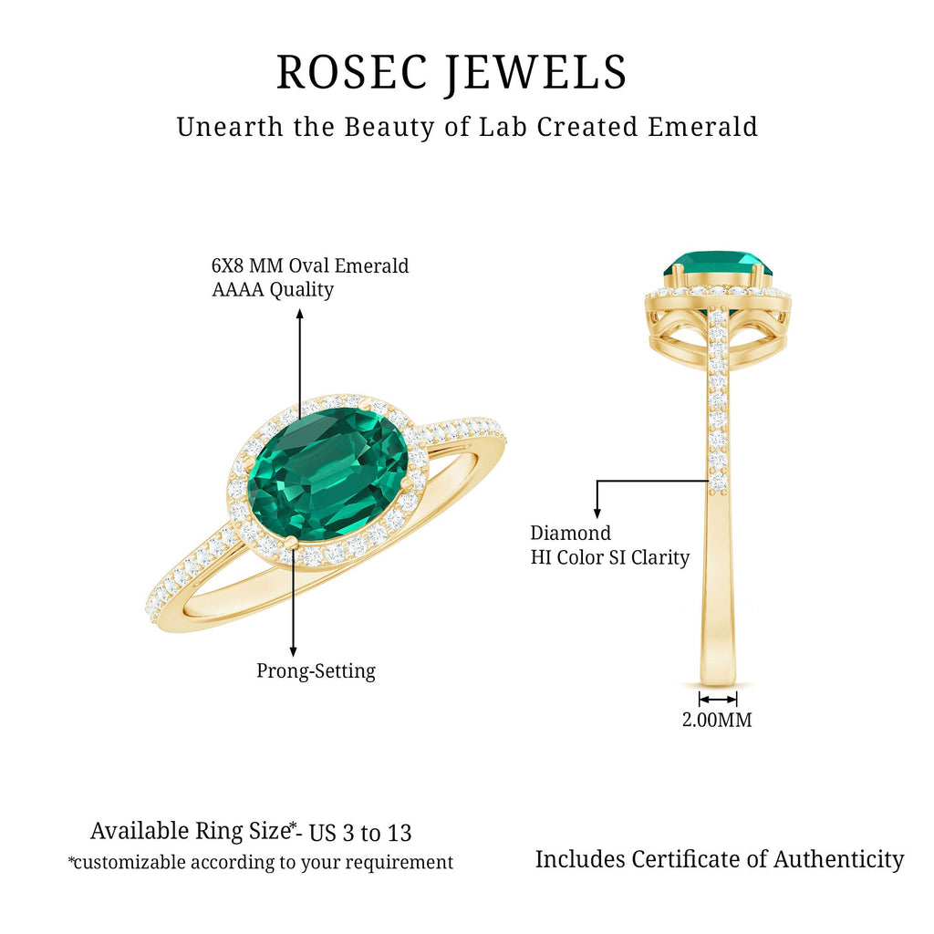 Lab Grown Emerald Ring – Oval East West Diamond Halo Engagement Band