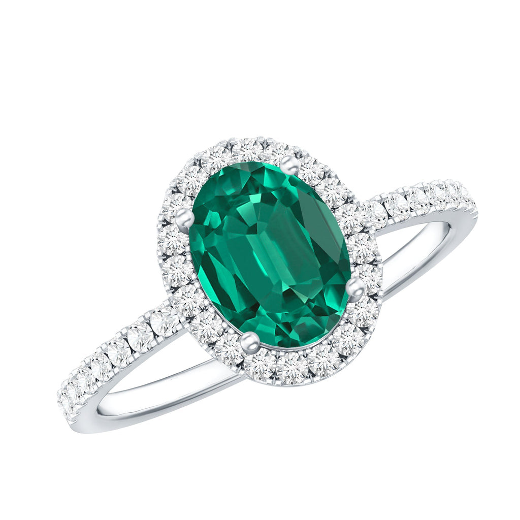 Lab Grown Emerald Ring – Oval Engagement Ring with Diamond Halo | Classic Design