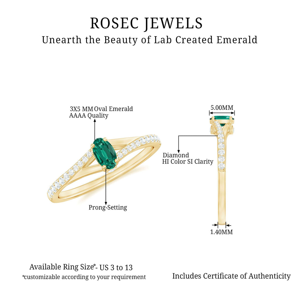 Lab Grown Emerald Ring – Oval Promise Ring with Diamond Split Shank Band