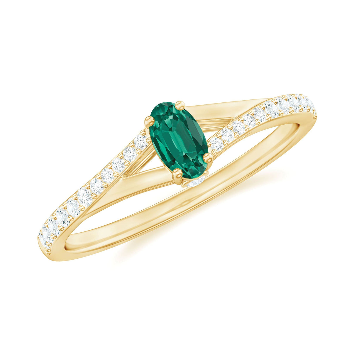 Lab Grown Emerald Ring – Oval Promise Ring with Diamond Split Shank Band