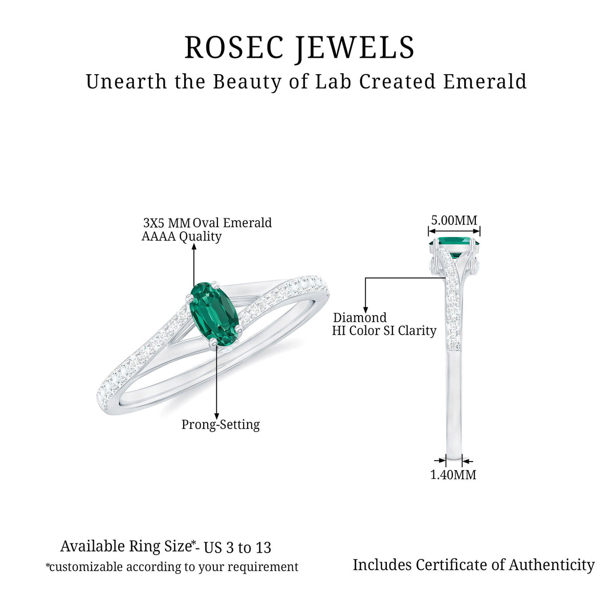 Lab Grown Emerald Ring – Oval Promise Ring with Diamond Split Shank Band