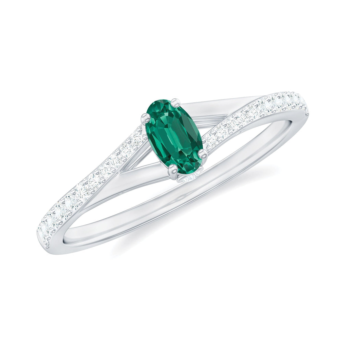 Lab Grown Emerald Ring – Oval Promise Ring with Diamond Split Shank Band