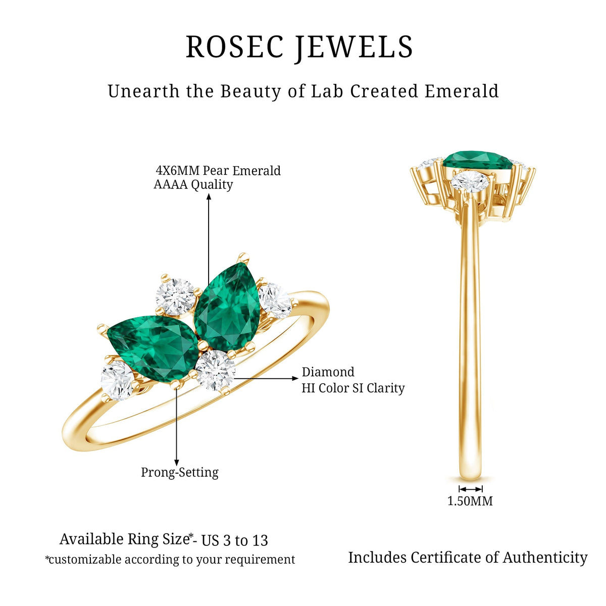 Lab Grown Emerald Ring - Pear Shape Toi Et Moi Two Stone Engagement Ring