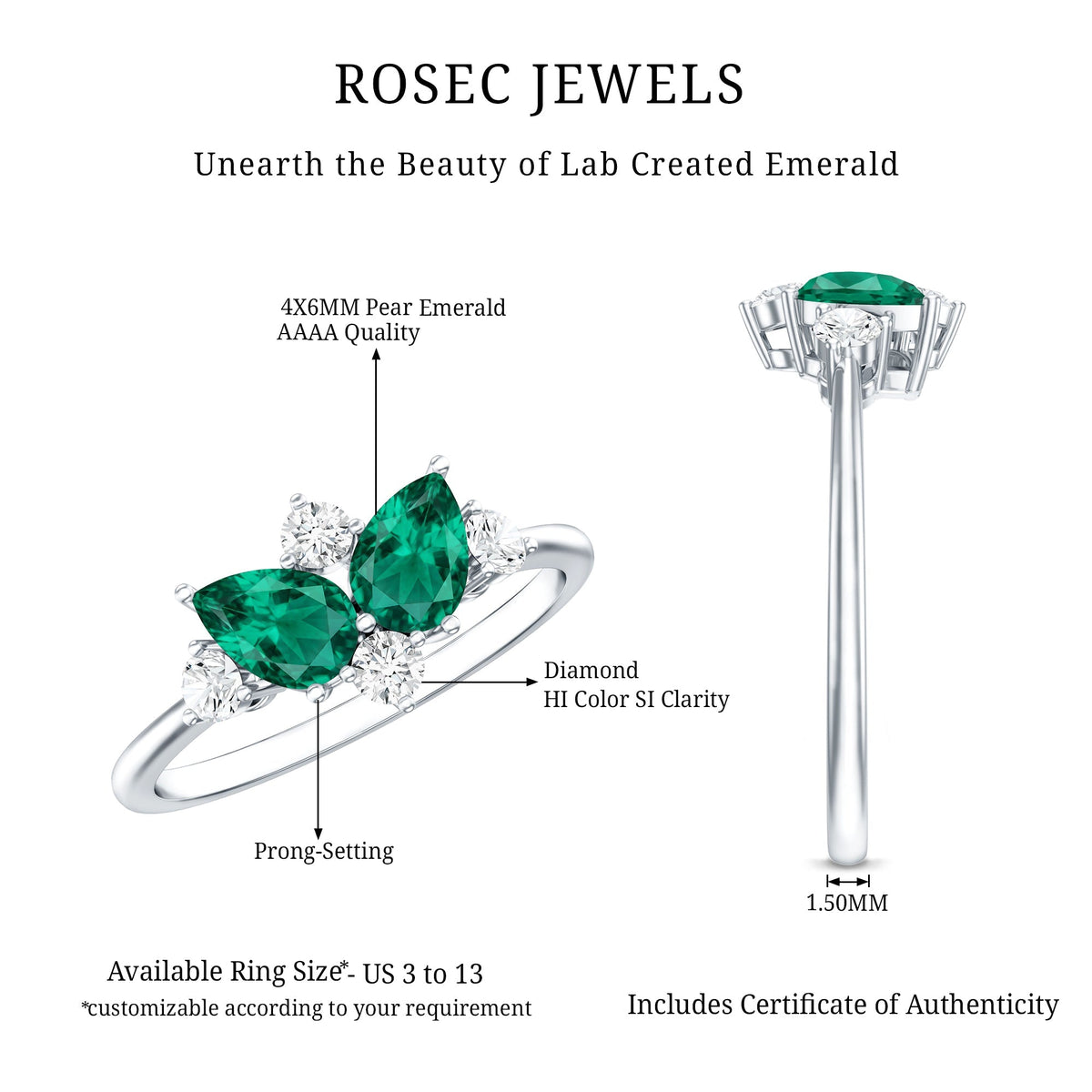 Lab Grown Emerald Ring - Pear Shape Toi Et Moi Two Stone Engagement Ring