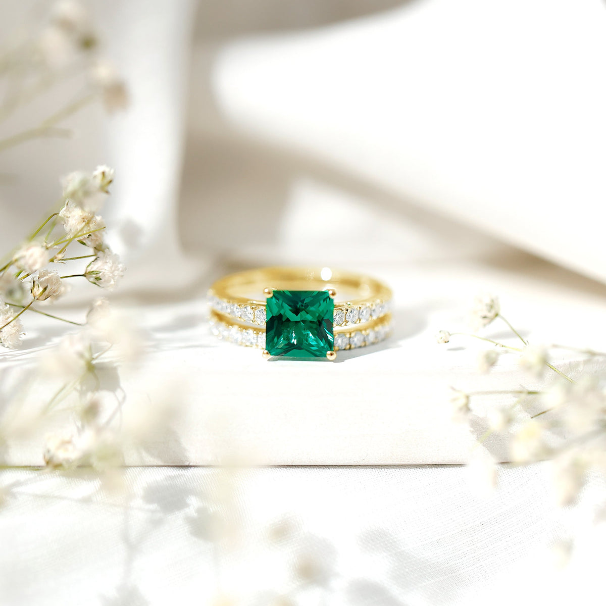 Lab Grown Emerald Ring - Princess Cut Emerald, Moissanite Side Stones & Bridal Wedding Band Set