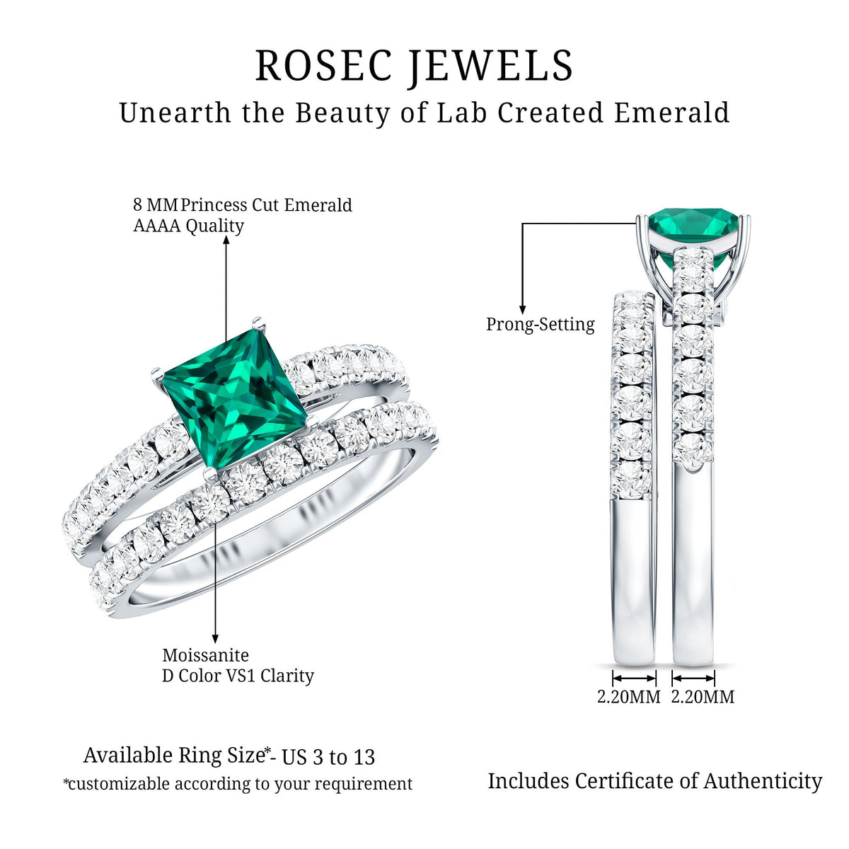 Lab Grown Emerald Ring - Princess Cut Emerald, Moissanite Side Stones & Bridal Wedding Band Set
