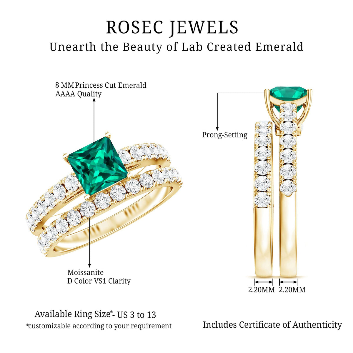 Lab Grown Emerald Ring - Princess Cut Emerald, Moissanite Side Stones & Bridal Wedding Band Set