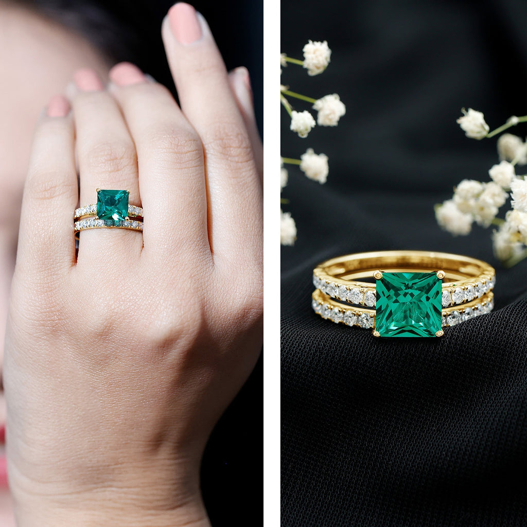 Lab Grown Emerald Ring - Princess Cut Emerald, Moissanite Side Stones & Bridal Wedding Band Set