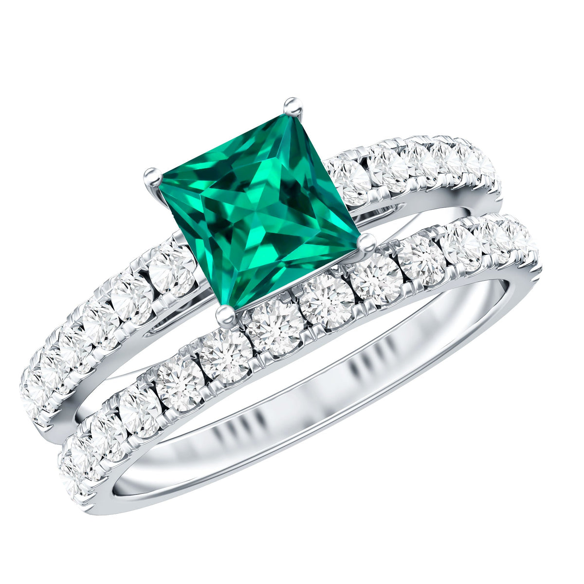 Lab Grown Emerald Ring - Princess Cut Emerald, Moissanite Side Stones & Bridal Wedding Band Set