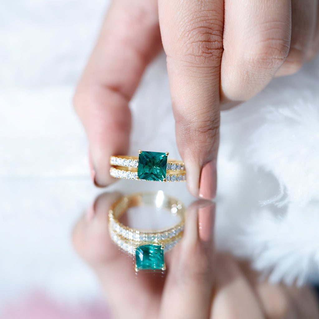 Lab Grown Emerald Ring - Princess Cut Emerald, Moissanite Side Stones & Bridal Wedding Band Set