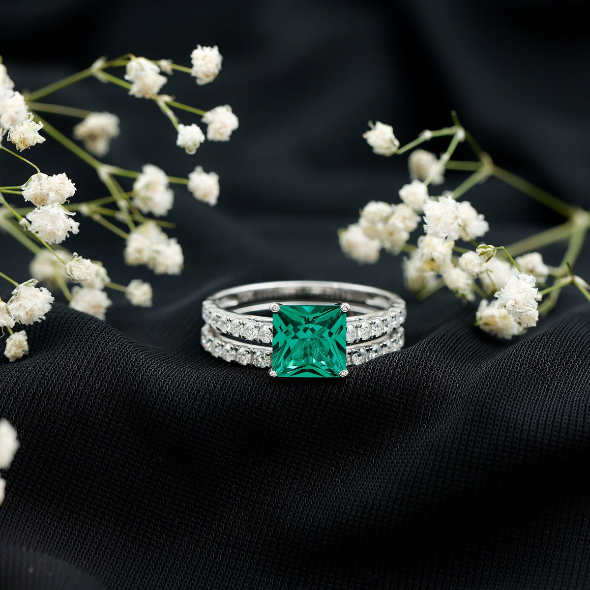 Lab Grown Emerald Ring - Princess Cut Emerald, Moissanite Side Stones & Bridal Wedding Band Set