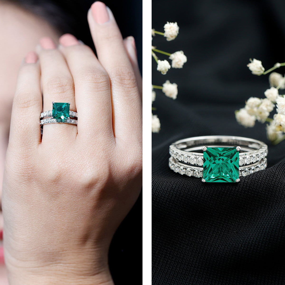 Lab Grown Emerald Ring - Princess Cut Emerald, Moissanite Side Stones & Bridal Wedding Band Set