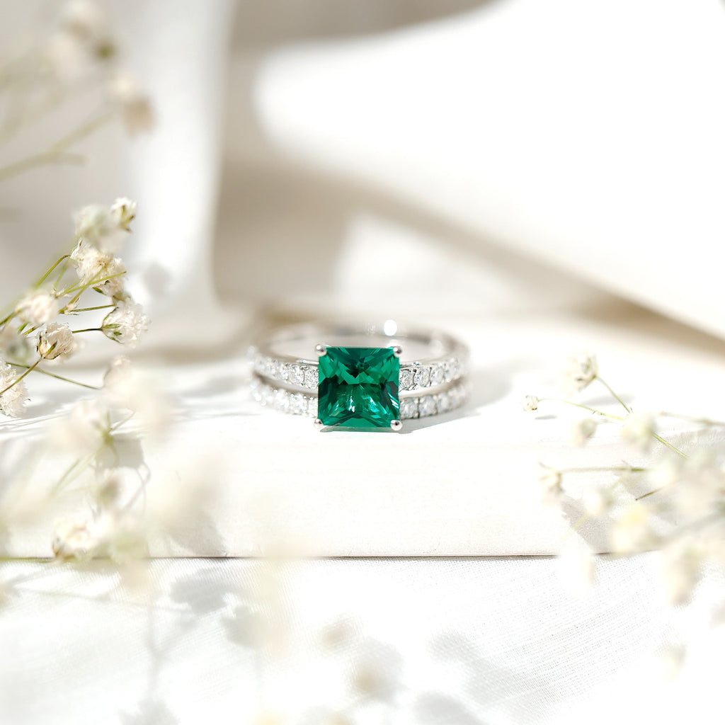 Lab Grown Emerald Ring - Princess Cut Emerald, Moissanite Side Stones & Bridal Wedding Band Set