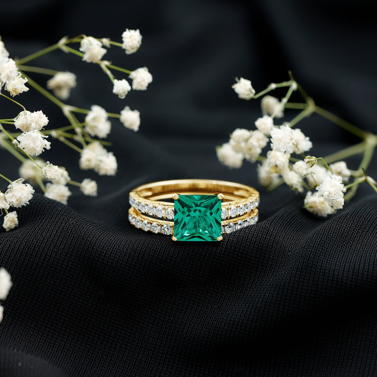 Lab Grown Emerald Ring - Princess Cut Emerald, Moissanite Side Stones & Bridal Wedding Band Set