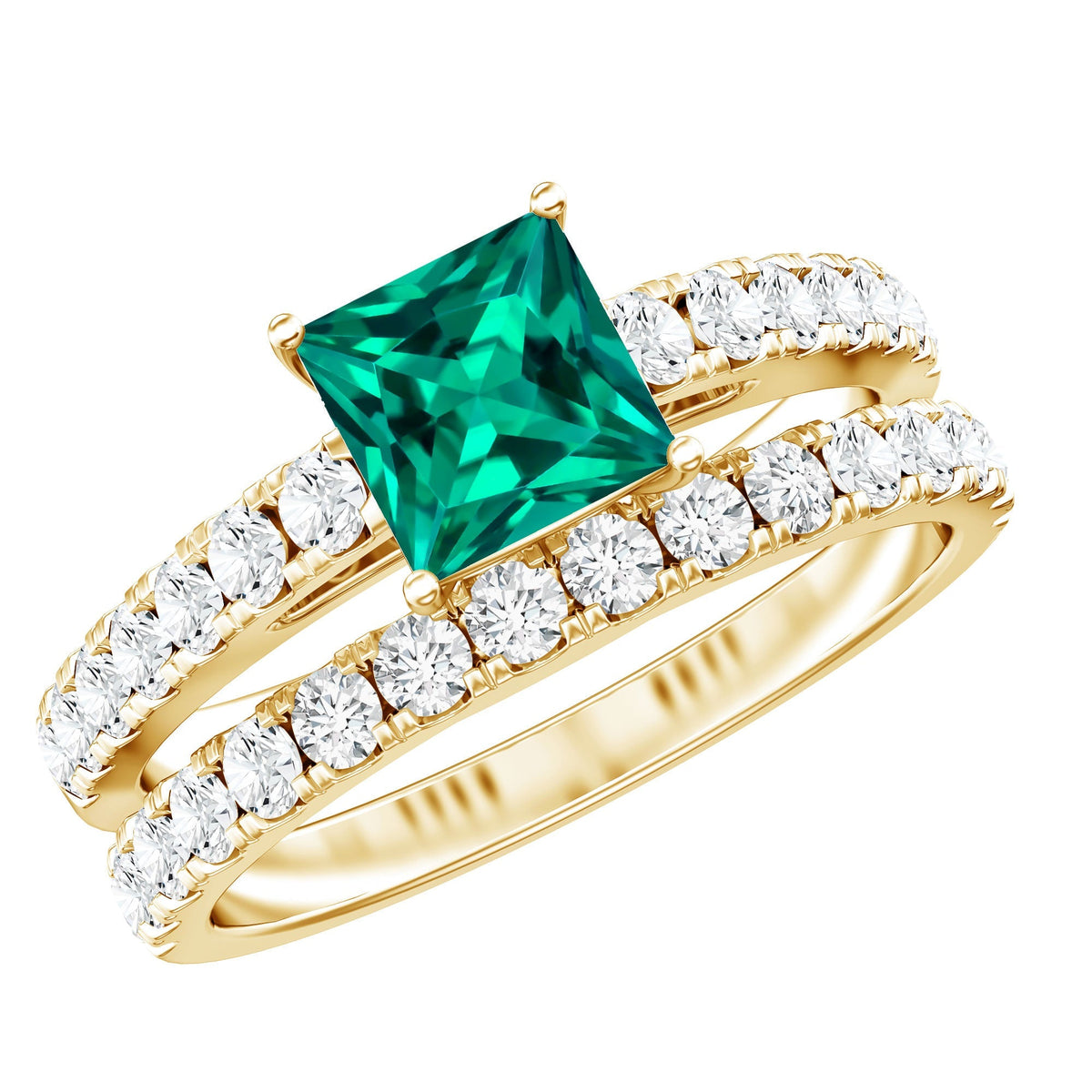 Lab Grown Emerald Ring - Princess Cut Emerald, Moissanite Side Stones & Bridal Wedding Band Set