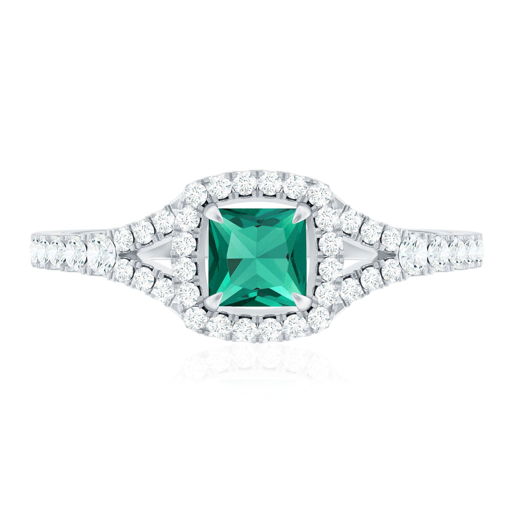 Lab Grown Emerald Ring – Princess Cut Halo Diamond Promise Engagement Ring