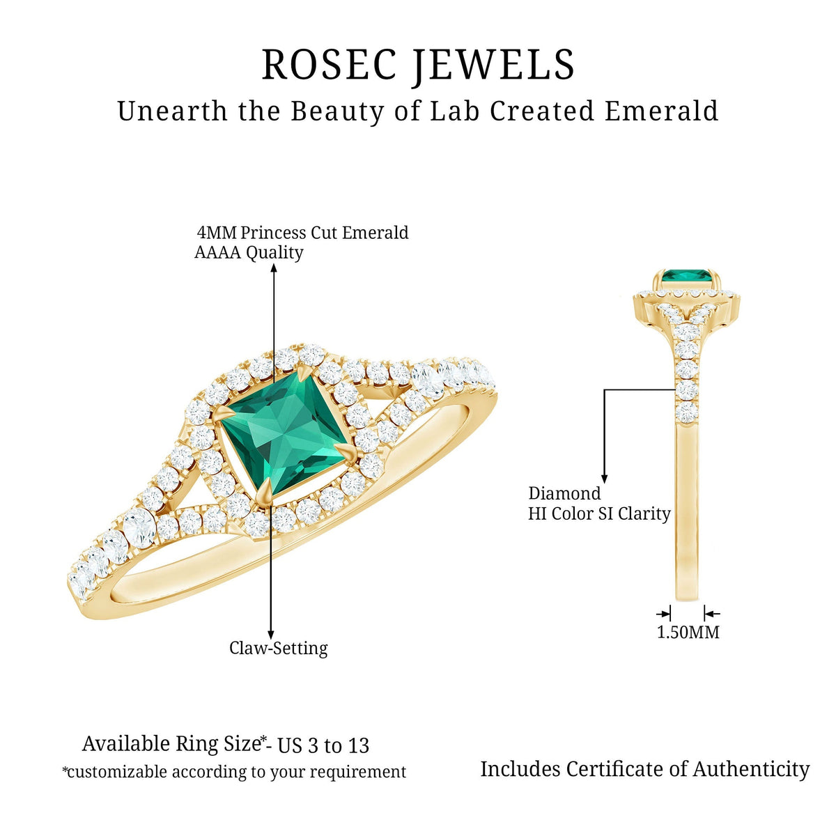 Lab Grown Emerald Ring – Princess Cut Halo Diamond Promise Engagement Ring