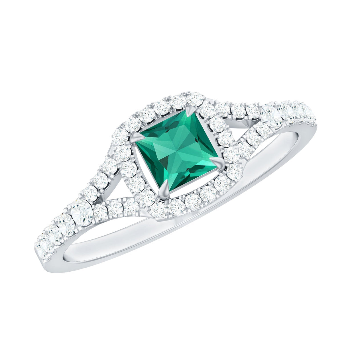 Lab Grown Emerald Ring – Princess Cut Halo Diamond Promise Engagement Ring