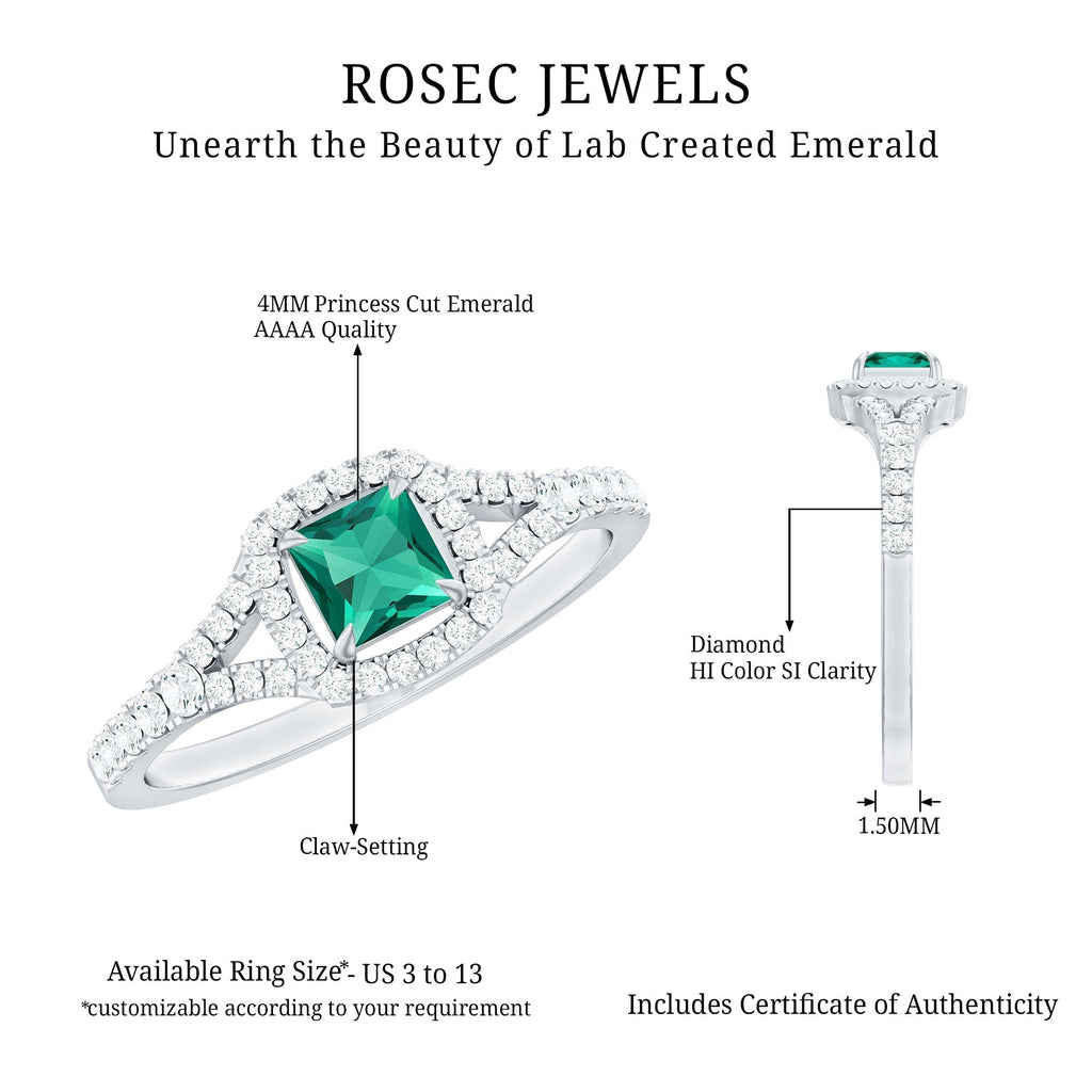 Lab Grown Emerald Ring – Princess Cut Halo Diamond Promise Engagement Ring