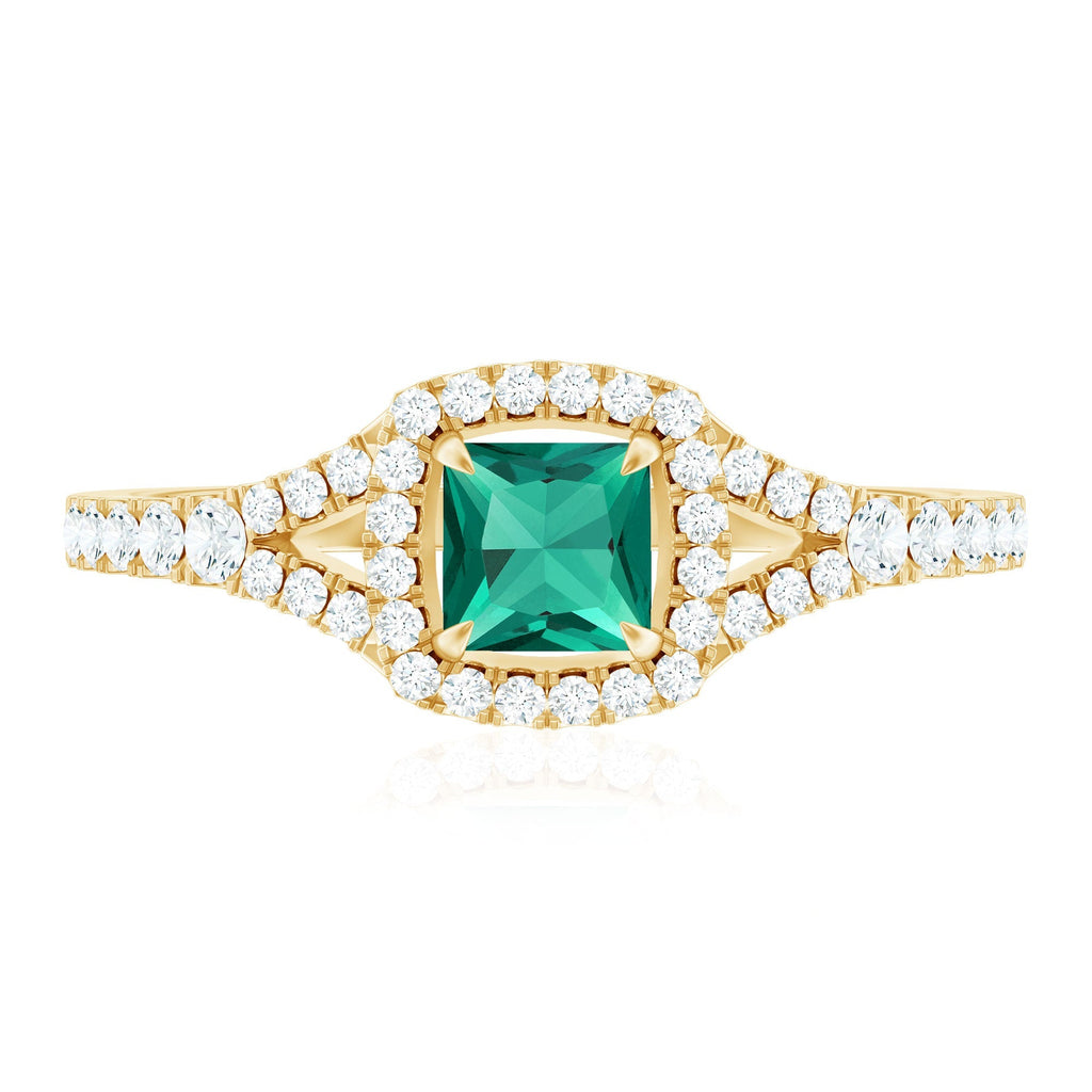 Lab Grown Emerald Ring – Princess Cut Halo Diamond Promise Engagement Ring