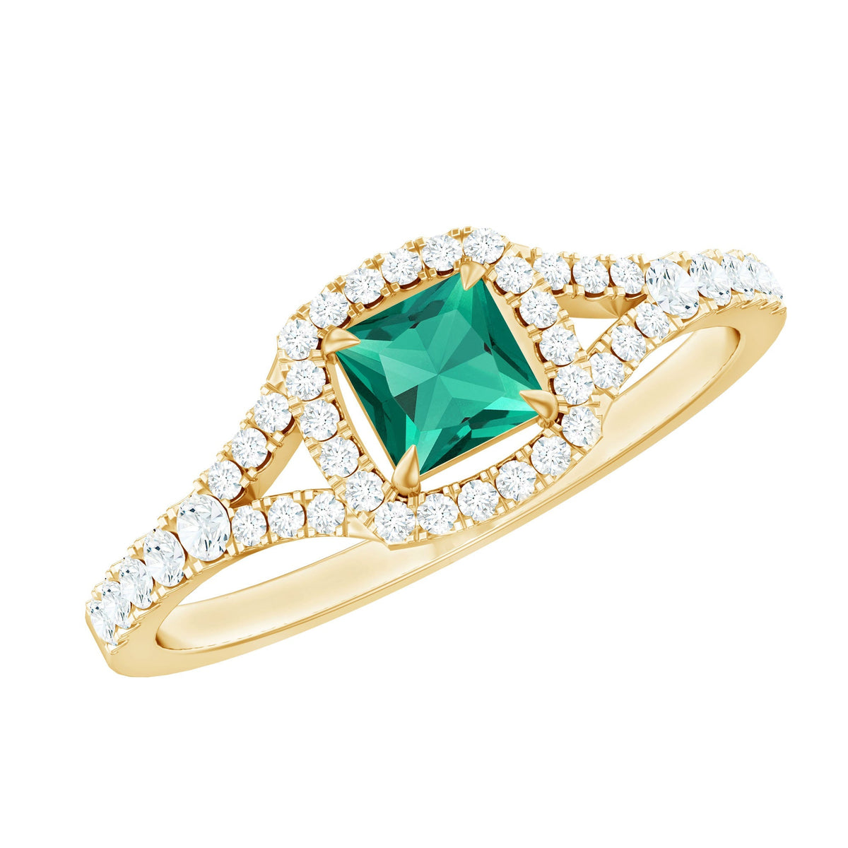 Lab Grown Emerald Ring – Princess Cut Halo Diamond Promise Engagement Ring