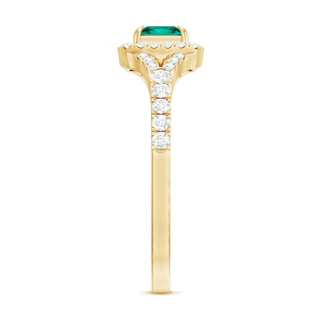 Lab Grown Emerald Ring – Princess Cut Halo Diamond Promise Engagement Ring
