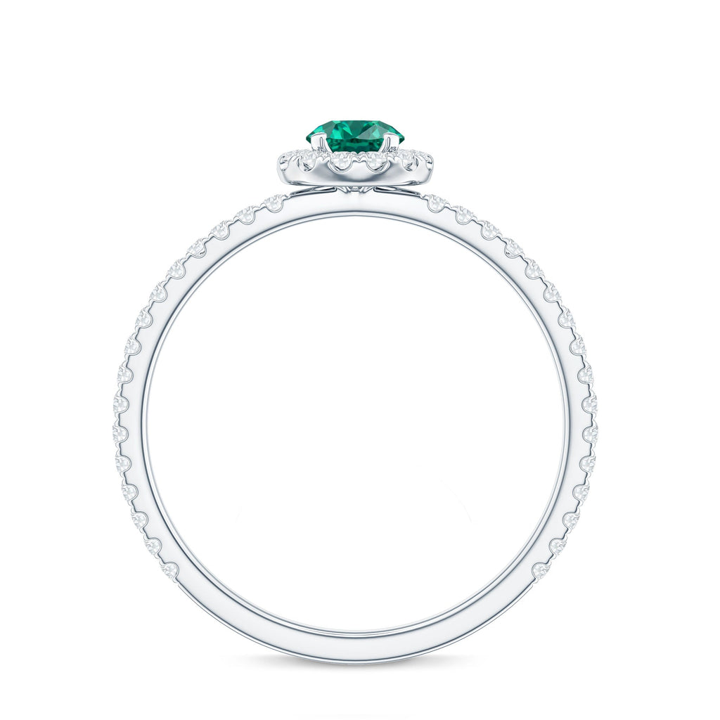 Lab Grown Emerald Ring – Round Cut Emerald Engagement Ring with Diamond Halo Setting